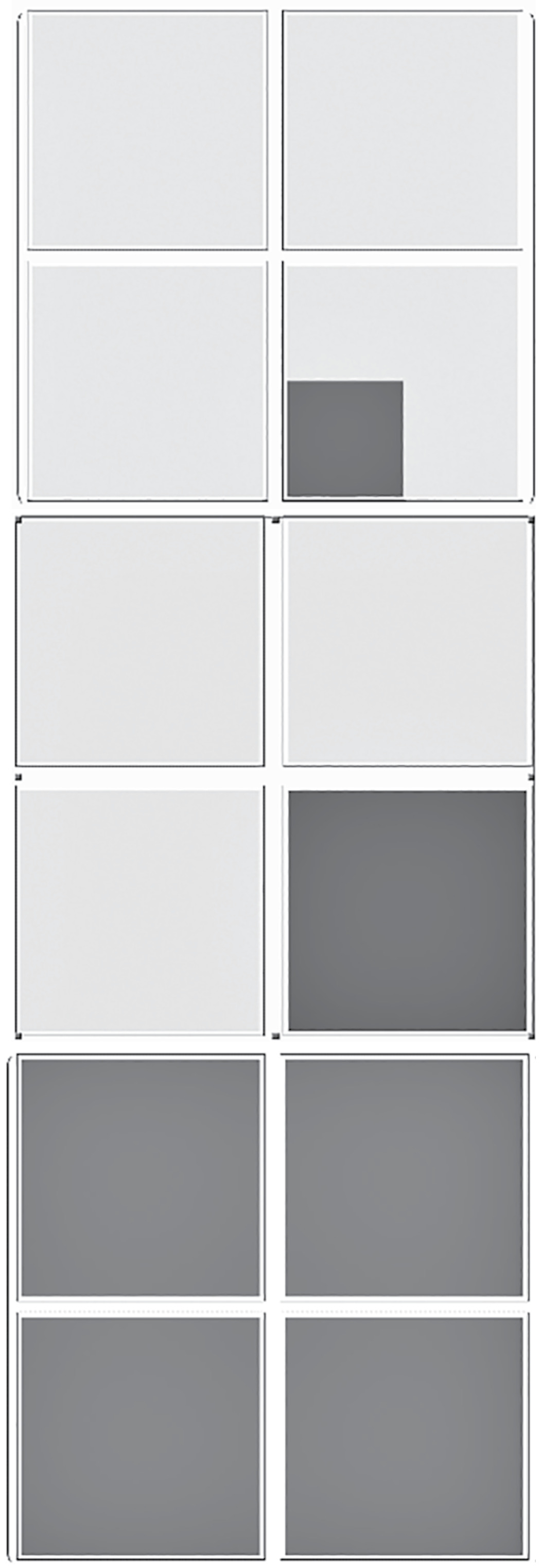 Figure 2. Renormalization group, steps one through three (start from the top): Four boxes containing four boxes, with one of the boxes dark at step one, with successive applications of the minority rule.